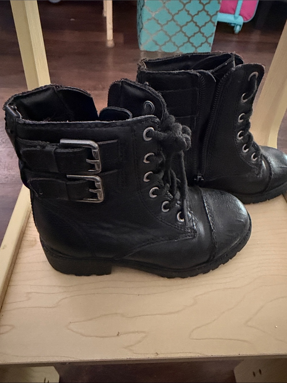 Girls Black Lace-Up Combat Boots with Buckle Detail